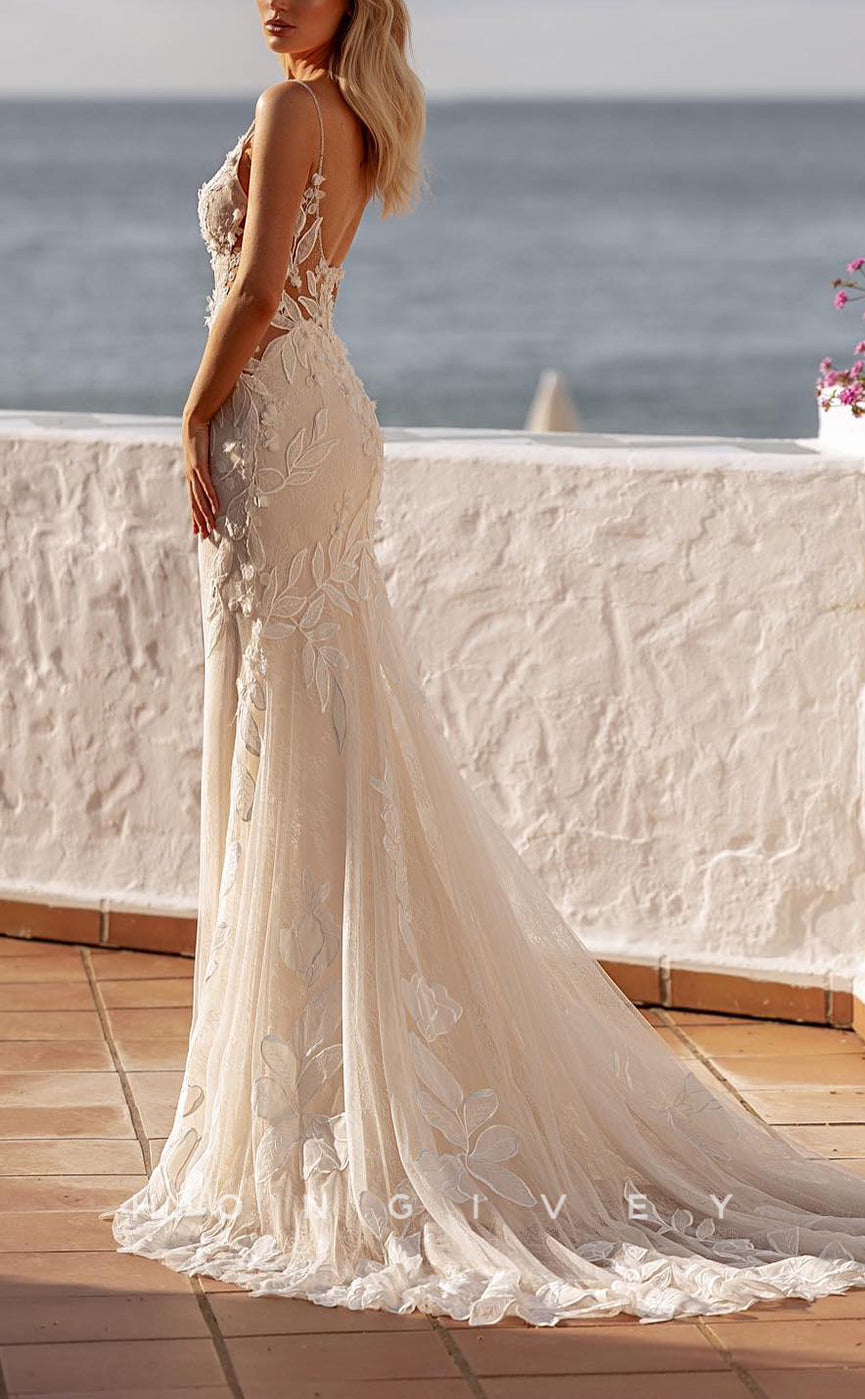 H1547 - Sexy Lace Trumpet V-Neck Spaghetti Straps Empire Appliques With Train Wedding Dress