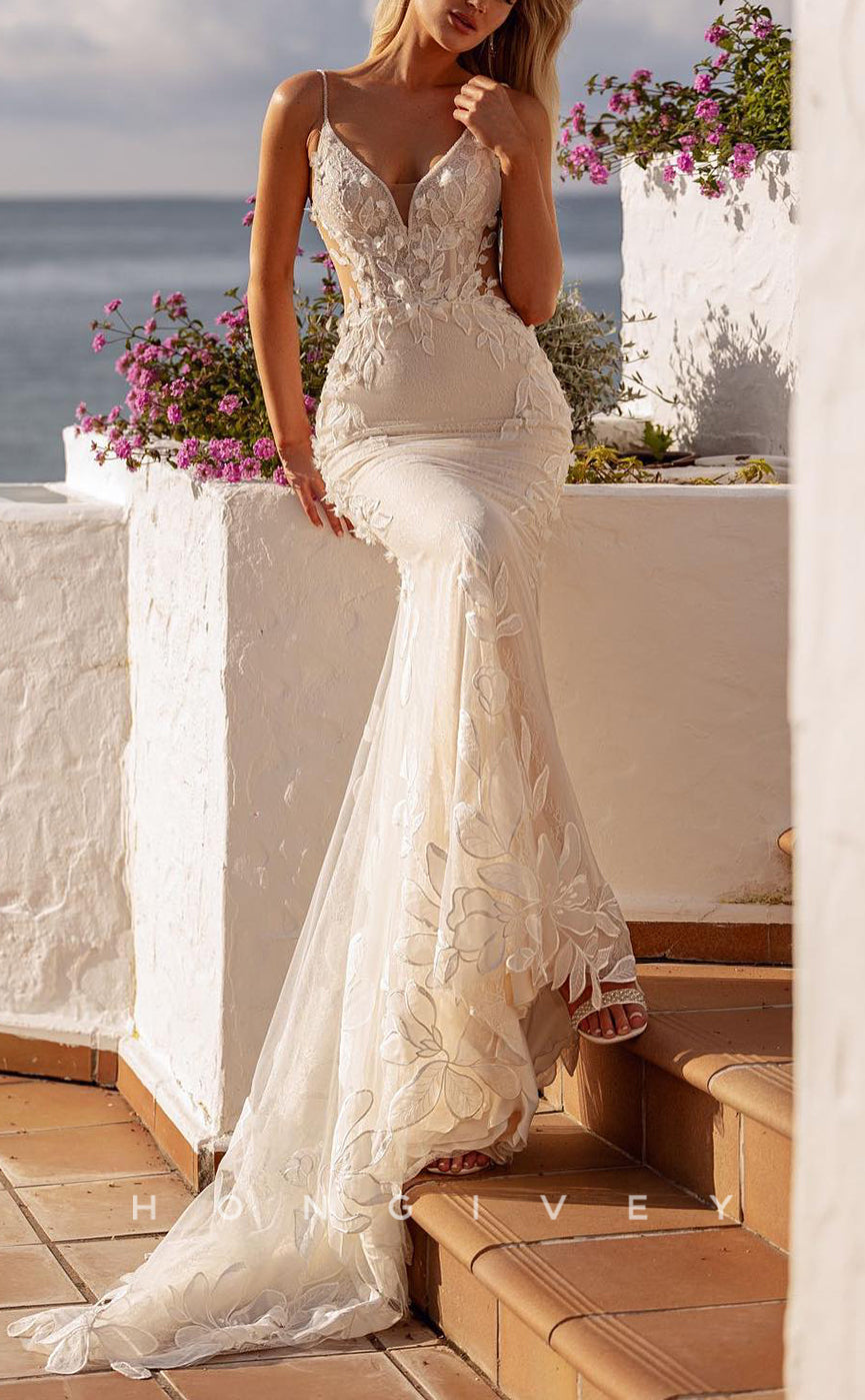 H1547 - Sexy Lace Trumpet V-Neck Spaghetti Straps Empire Appliques With Train Wedding Dress