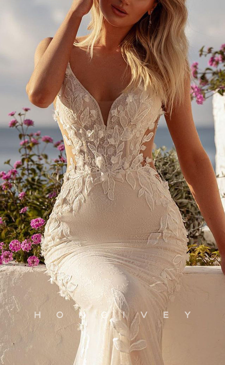 H1547 - Sexy Lace Trumpet V-Neck Spaghetti Straps Empire Appliques With Train Wedding Dress