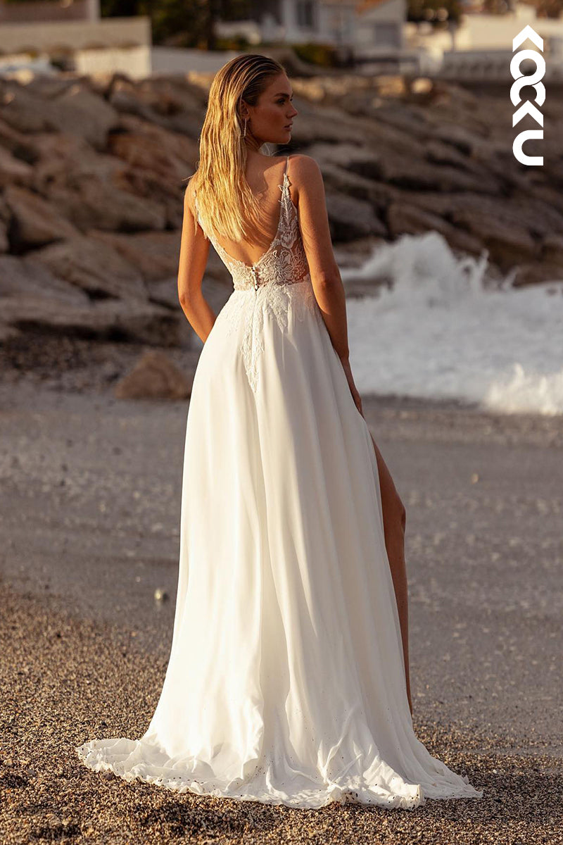 K1902 - Classic & Timeless V-Neck Straps Side Slit A-Line Wedding Dress With Applique