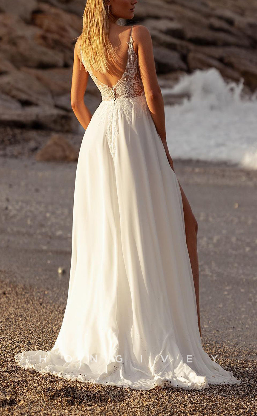 H1548 - Sexy Satin A-Line V-Neck Spaghetti Straps Illusion Empire Appliques With Side Slit Beach Wedding Dress