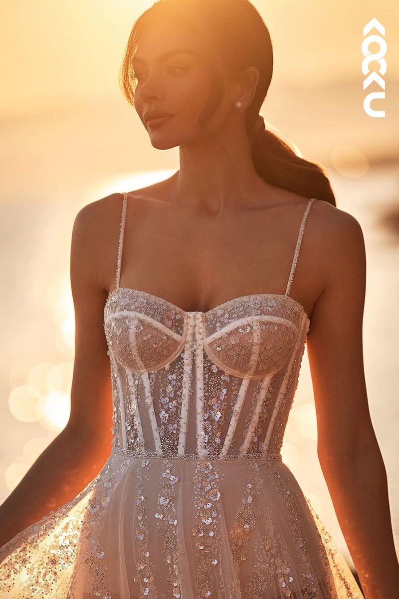 K1900 - Glamorous & Dramatic Spaghetti Straps Sweetheart A-Line Applique Wedding Dress