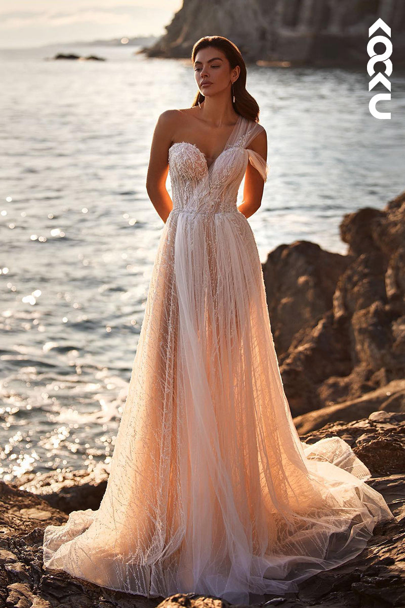 K1903 - Gorgeous & Charming One Shoulder Cap Sleeves A-line Sweetheart A-line Wedding Dress