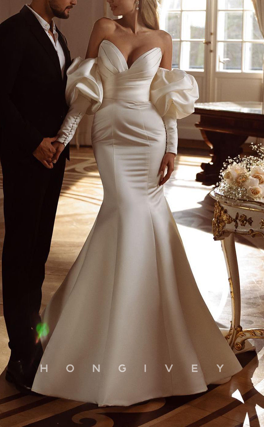 H1551 - Sexy Satin Trumpet V-Neck Strapless Long Sleeve Empire Ruched With Train Wedding Dress