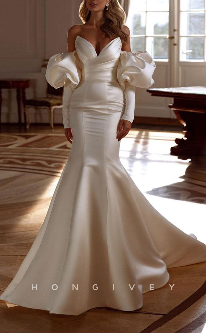 H1551 - Sexy Satin Trumpet V-Neck Strapless Long Sleeve Empire Ruched With Train Wedding Dress