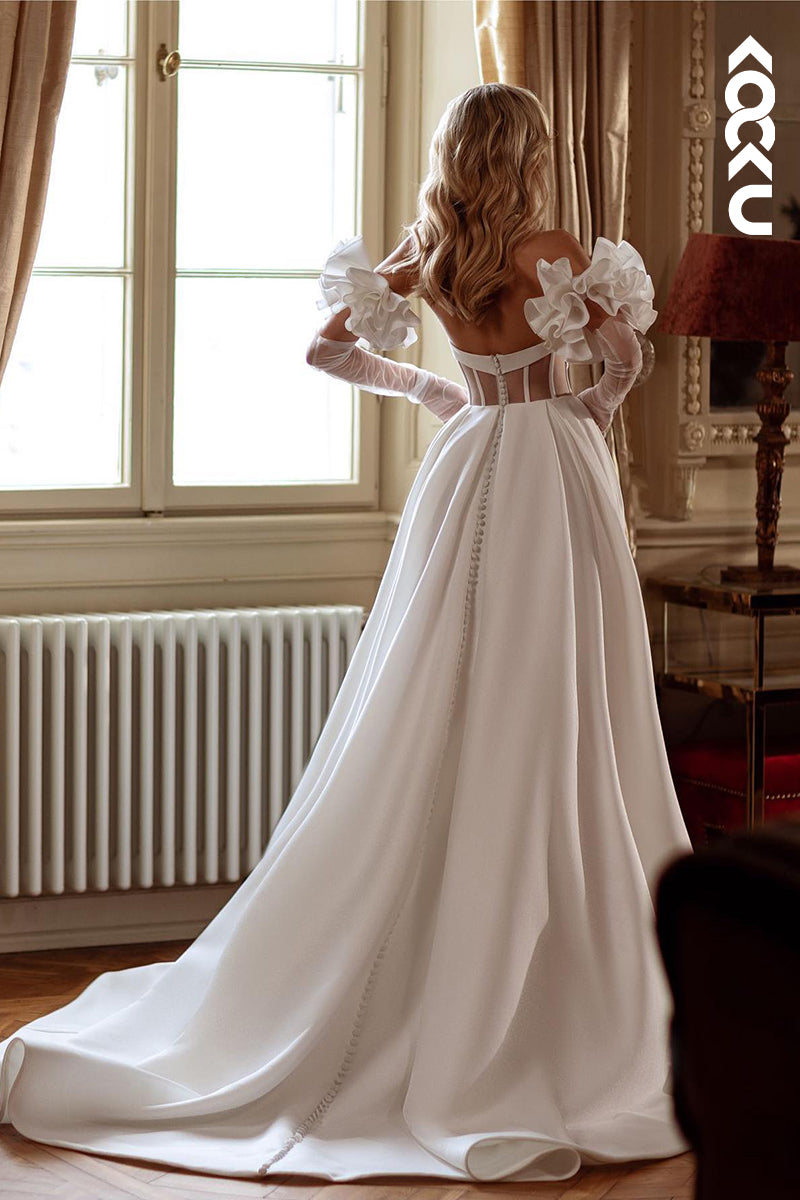 K1905 - Elegant & Luxurious V-Neck Long Sleeves A-Line Side Slit Wedding Dress