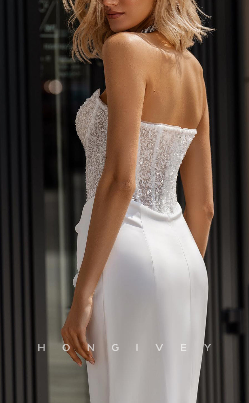 H1557 - Sexy Satin Fitted Bateau Sleeveless Empire Beaded Ruched With Side Slit Wedding Dress