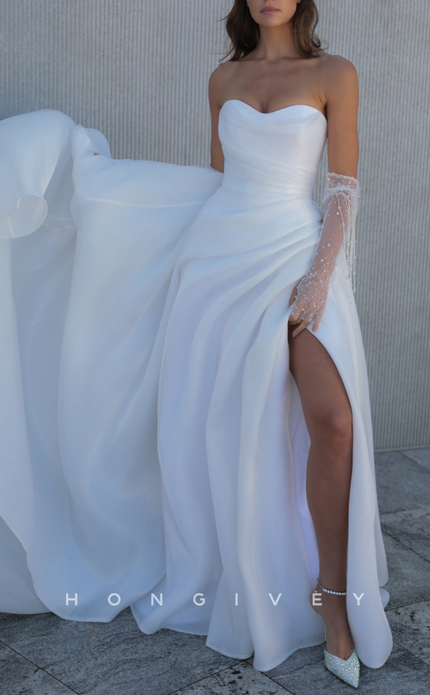 H1568 - Sexy Satin A-Line Sweetheart Strapless Sleeveless Empire Pleats With Side Slit Wedding Dress