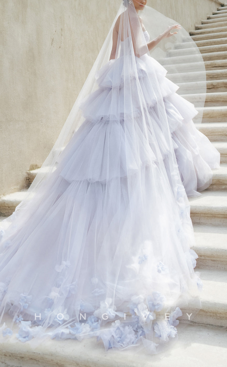 H1573 - Sexy Tulle A-Line Sweetheart Strapless Empire Tiered Sleeveless With Tulle Train Wedding Dress