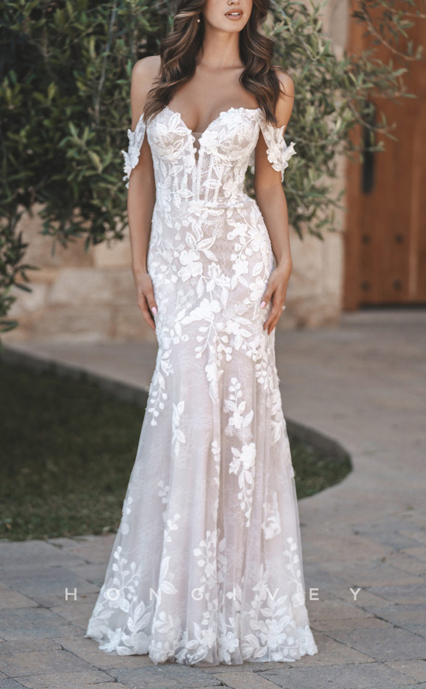 H1579 - Sexy Lace Trumpet Sweetheart Off-Shoulder Empire Appliques Illusion With Train Wedding Dress