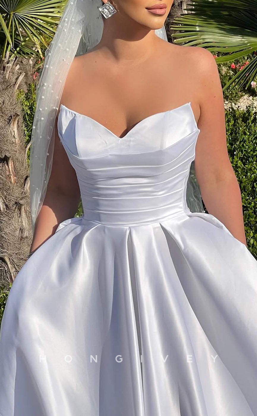 H1592 - Chic Satin A-Line Sleeveless  Strapless Empire Ruched With Pockets Beach Wedding Dress