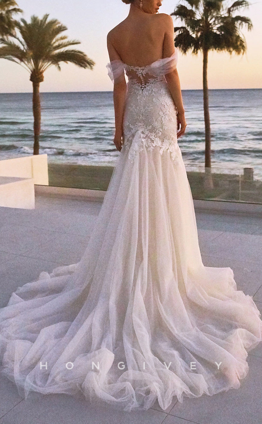 H1594 - Elegant Trumpet Tulle Off-Shoulder Empire Lace Applique With Train Beach Wedding Dress