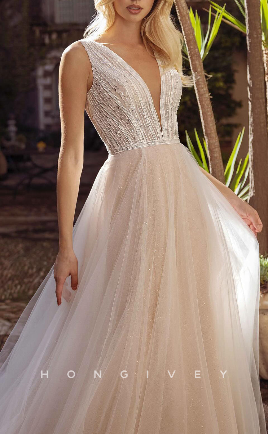 H1596 - Gorgeous Glitter Tulle A-Line V-Neck Sleeveless Empire Sequined With Train Wedding Dress