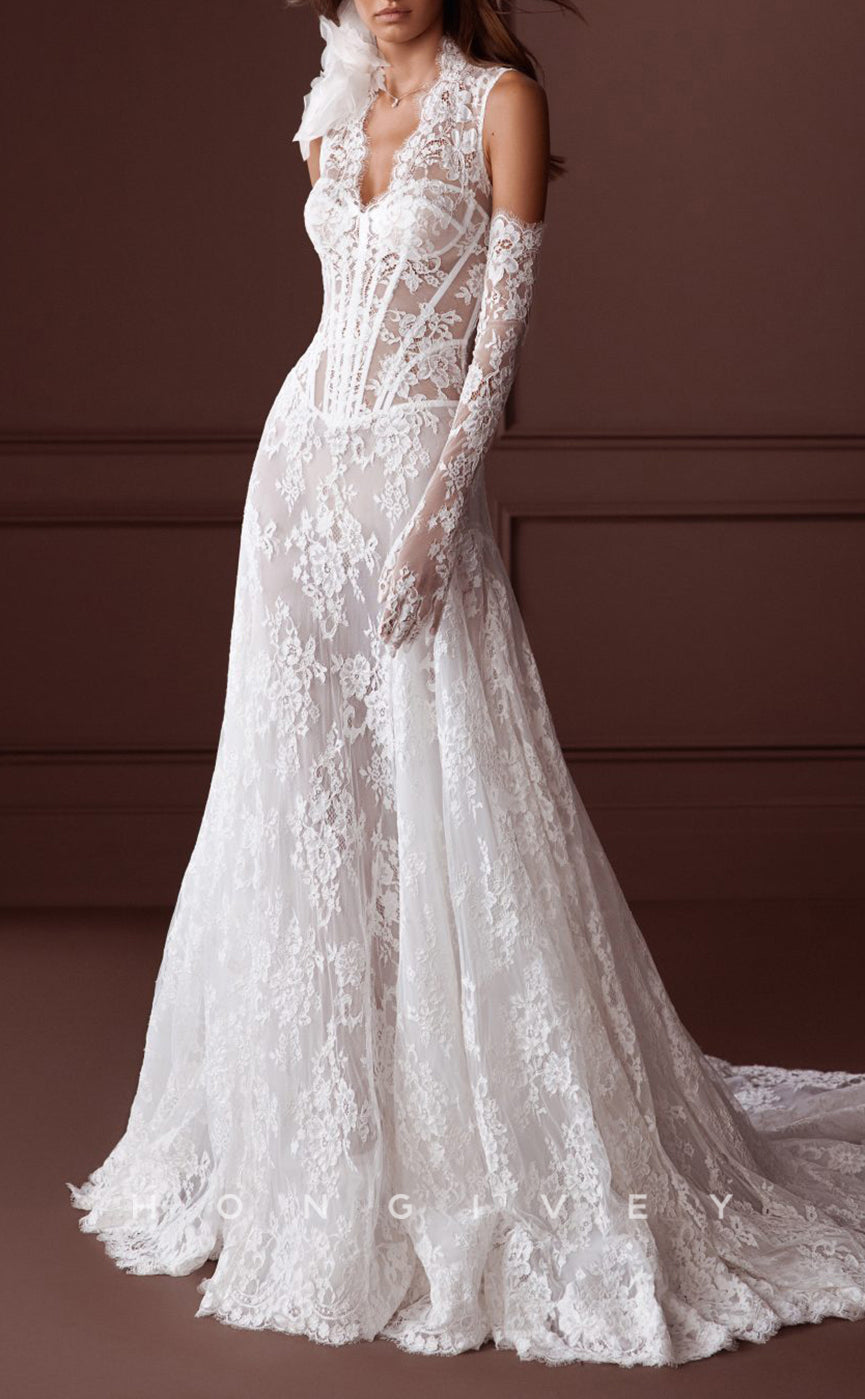 H1598 - Sexy Allover Lace A-Line V-Neck Illusion Empire Appliques With Train Wedding Dress