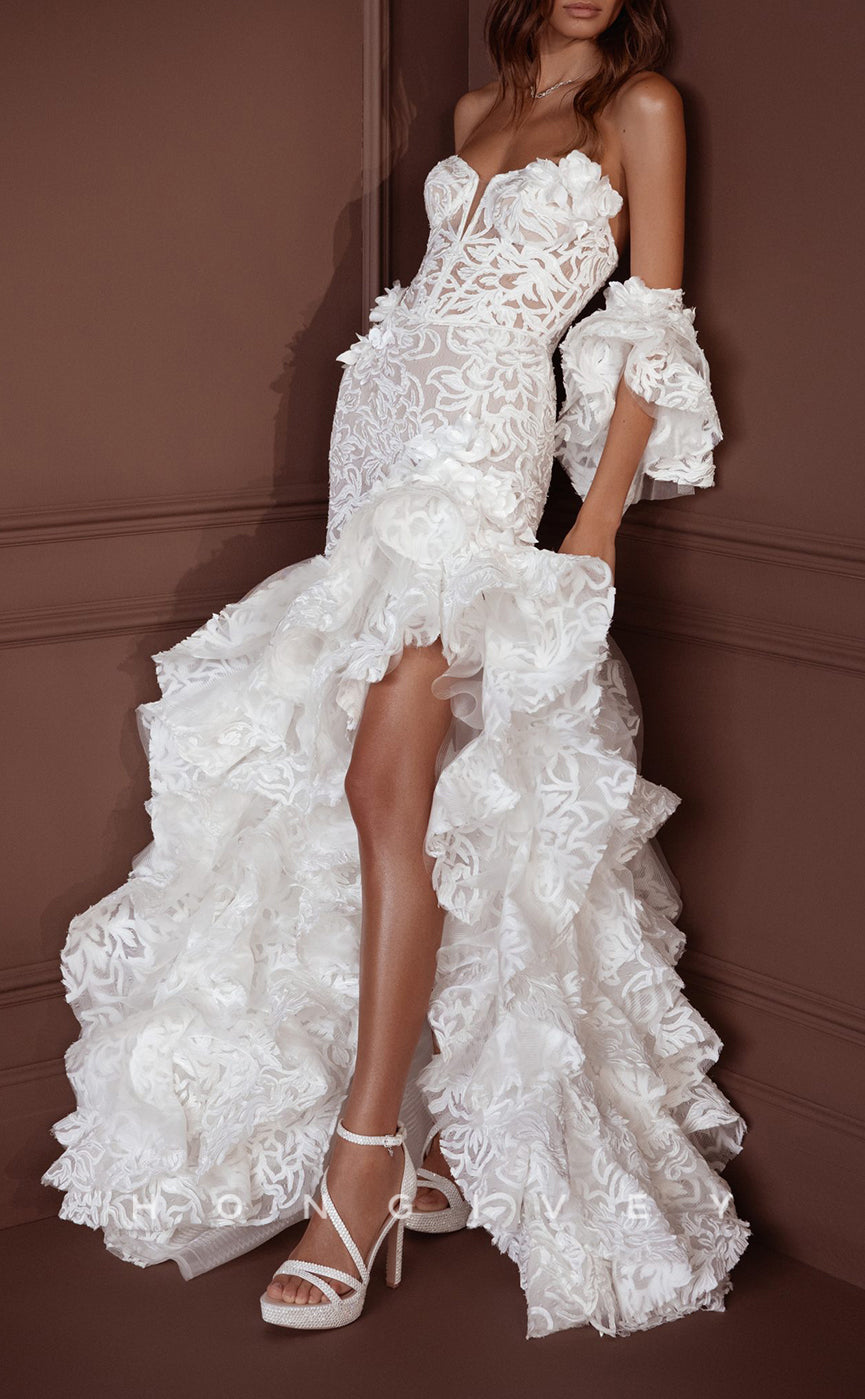 H1600 - Chic Trumpet Lace Sweetheart Strapless Empire Appliques High Low Tiered Ruffled Wedding Dress