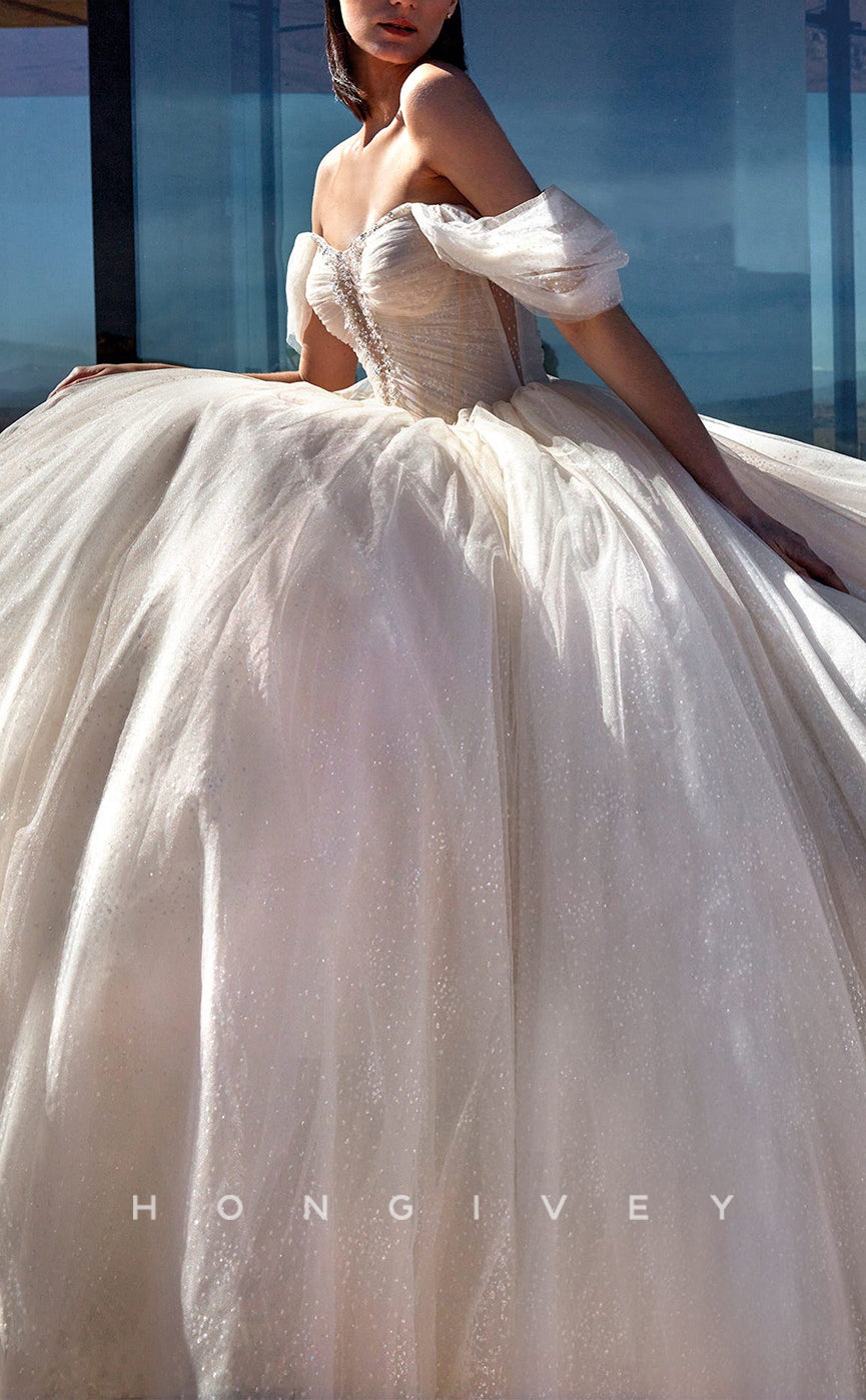 H1603 - Ornate Glitter Tulle A-Line Off-Shoulder Empire Beaded With Train Wedding Dress