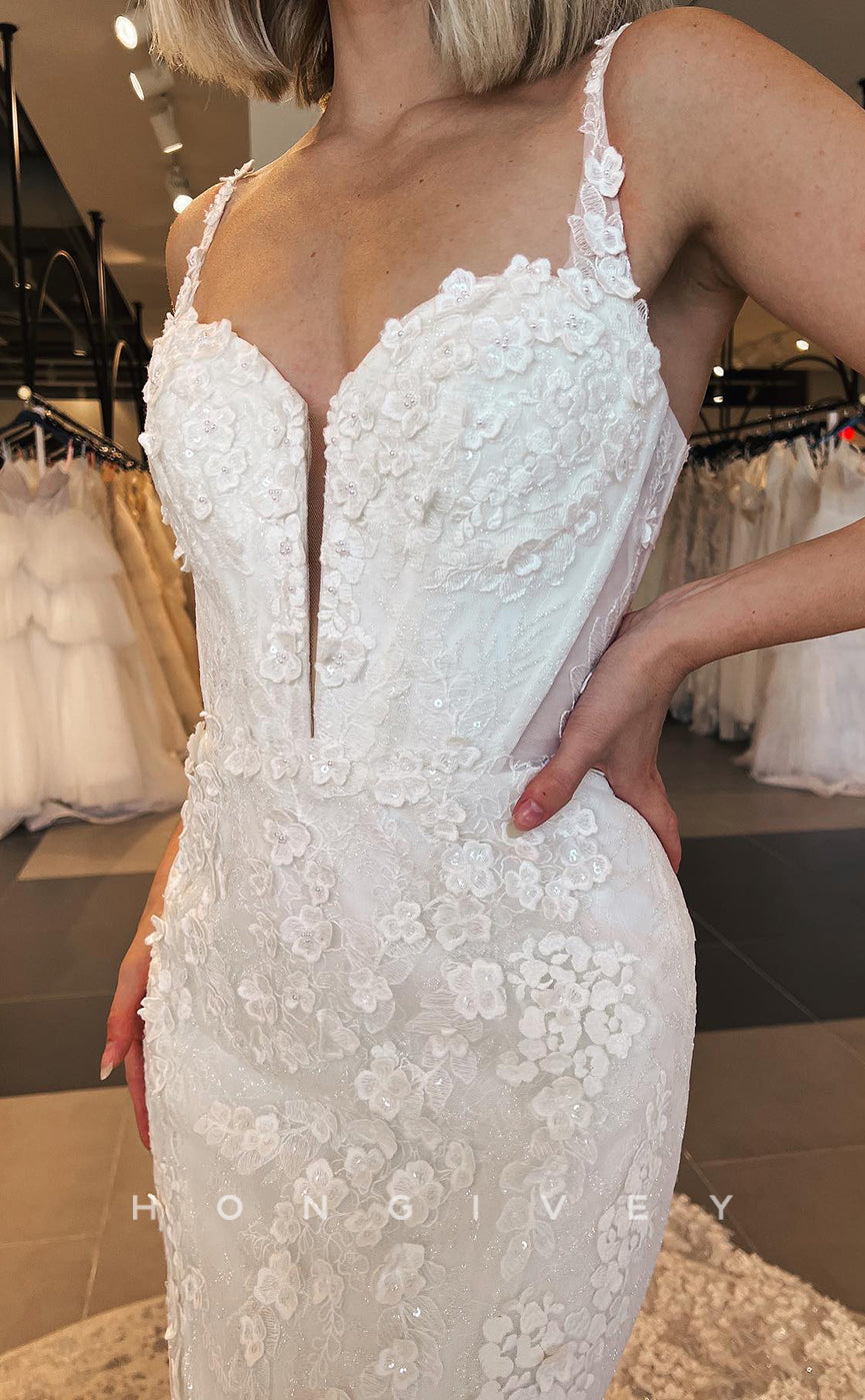 H1605 - Sexy Lace Trumpet Sweetheart Spaghetti Straps Empire Lace Applique With Train Wedding Dress