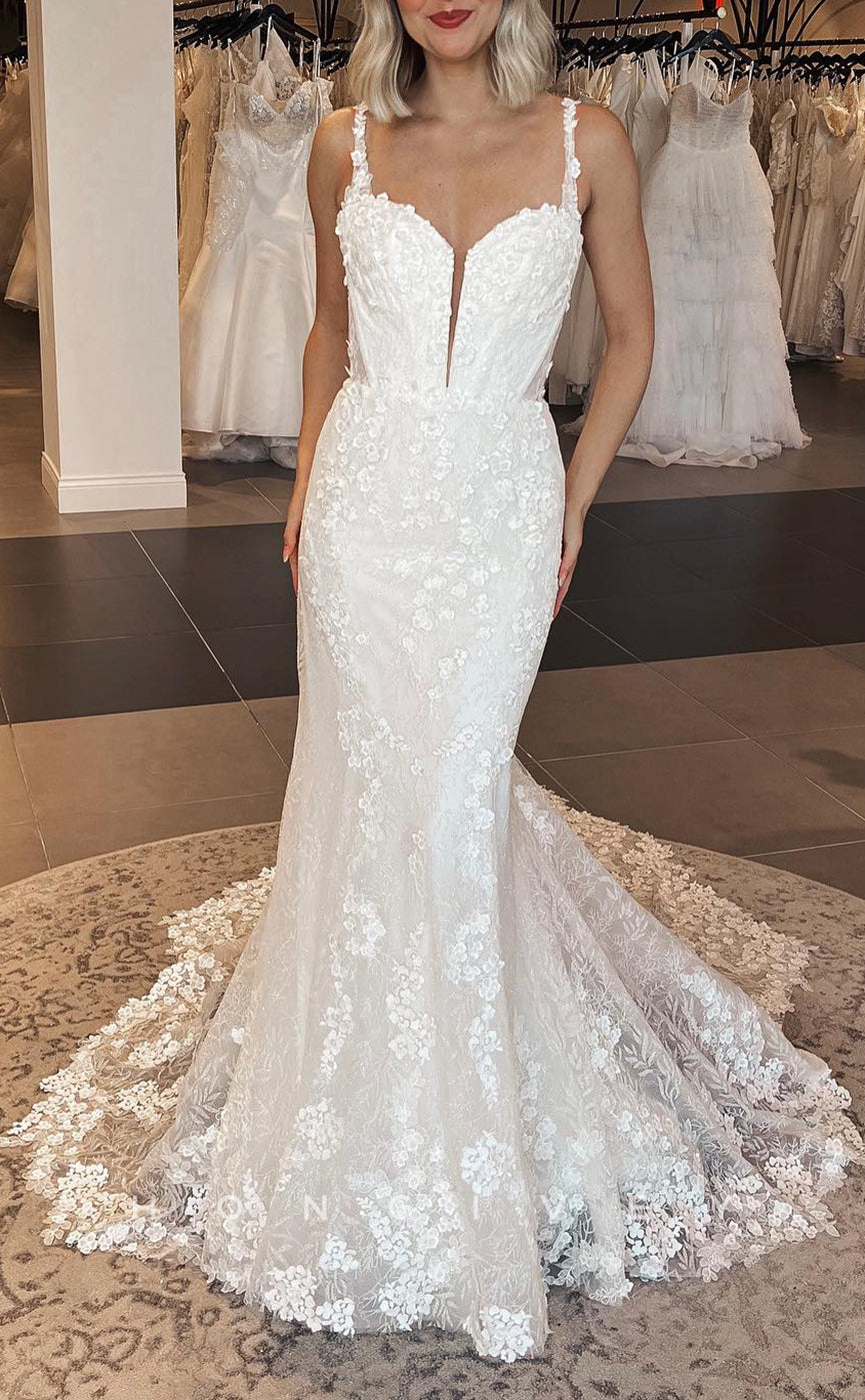 H1605 - Sexy Lace Trumpet Sweetheart Spaghetti Straps Empire Lace Applique With Train Wedding Dress