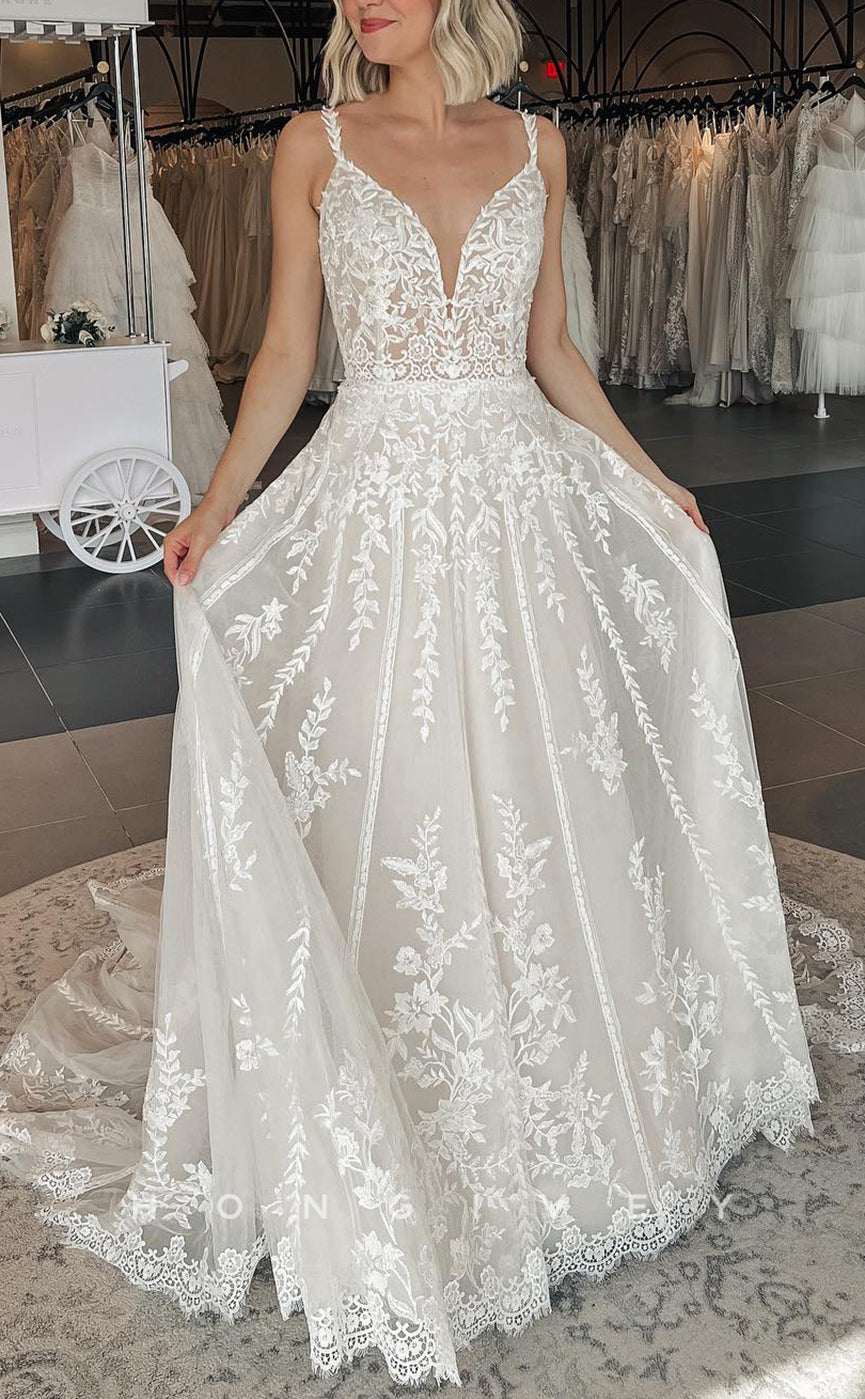 H1606 - V-Neck Spaghetti Straps Empire Lace Applique Elegant A-Line With Train Beach Wedding Dress