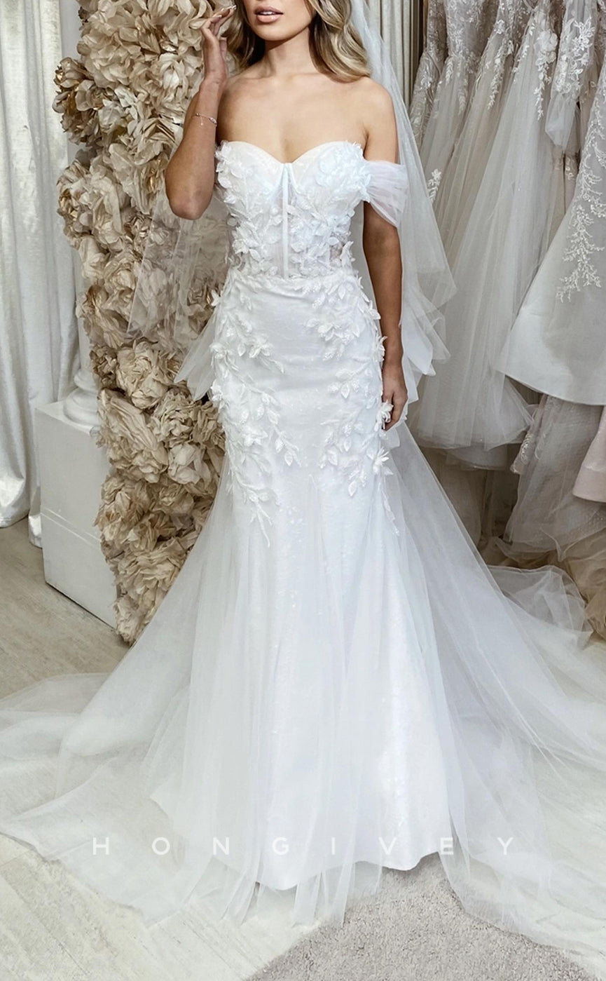 H1613 - Off-Shoulder Empire Floral Appliqued Satin Trumpet With Tulle Train Wedding Dress