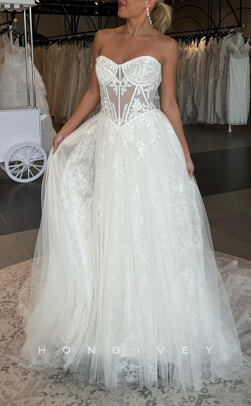 H1614 - Sweetheart Strapless Tulle Illusion Empire Lace Applique A-Line With Train Wedding Dress