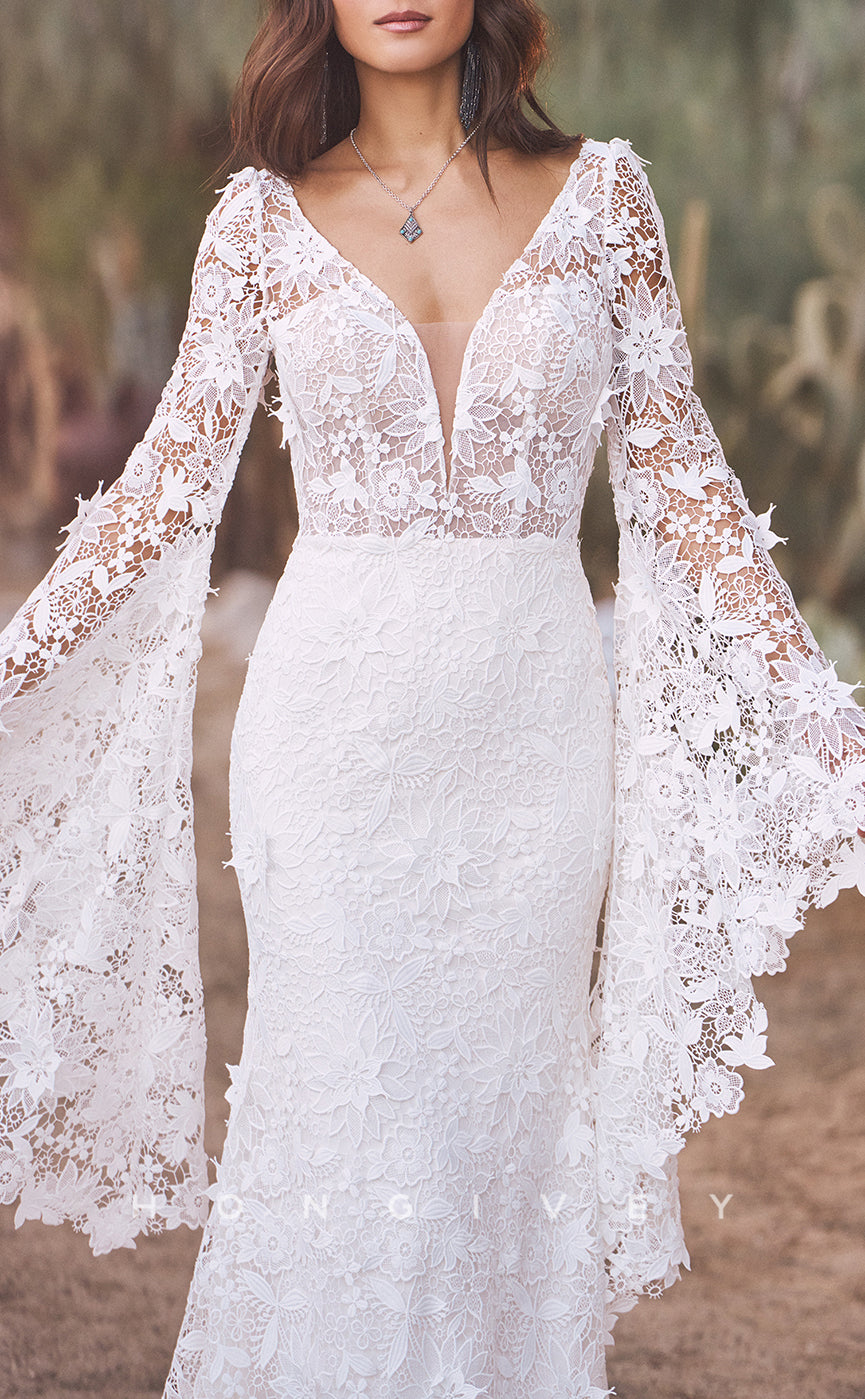 H1615 - Sexy Lace Trumpet V-Neck Empire Long Bell Sleeves Appliques With Train Boho Wedding Dress