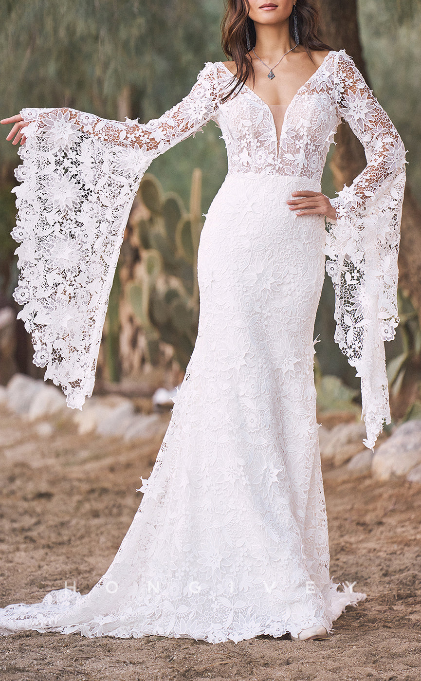 H1615 - Sexy Lace Trumpet V-Neck Empire Long Bell Sleeves Appliques With Train Boho Wedding Dress