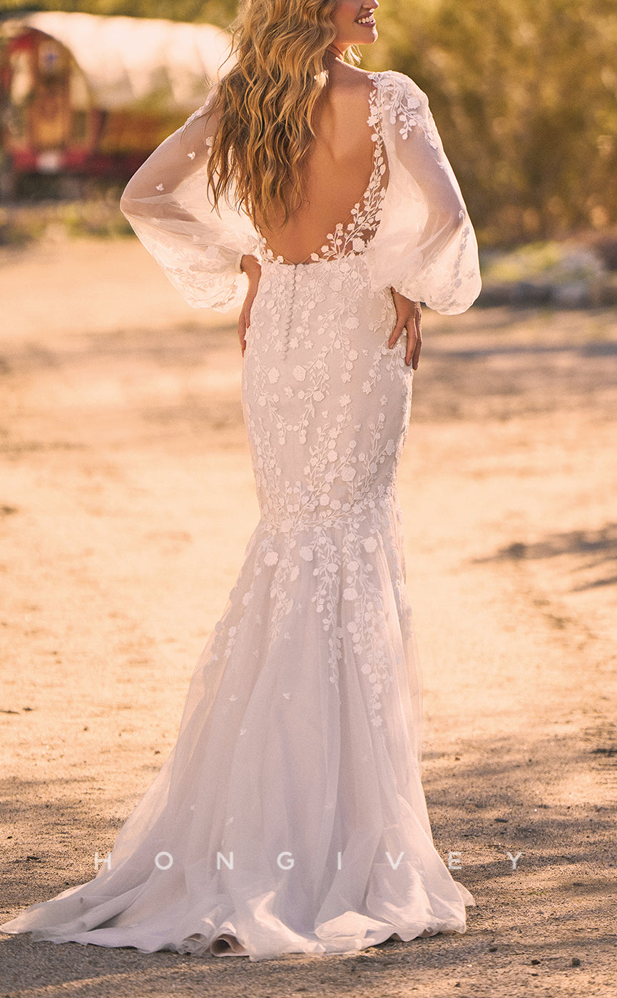 H1616 - Sexy Lace Trumpet V-Neck Long Sleeve Empire Appliques Backless With Train Wedding Dress