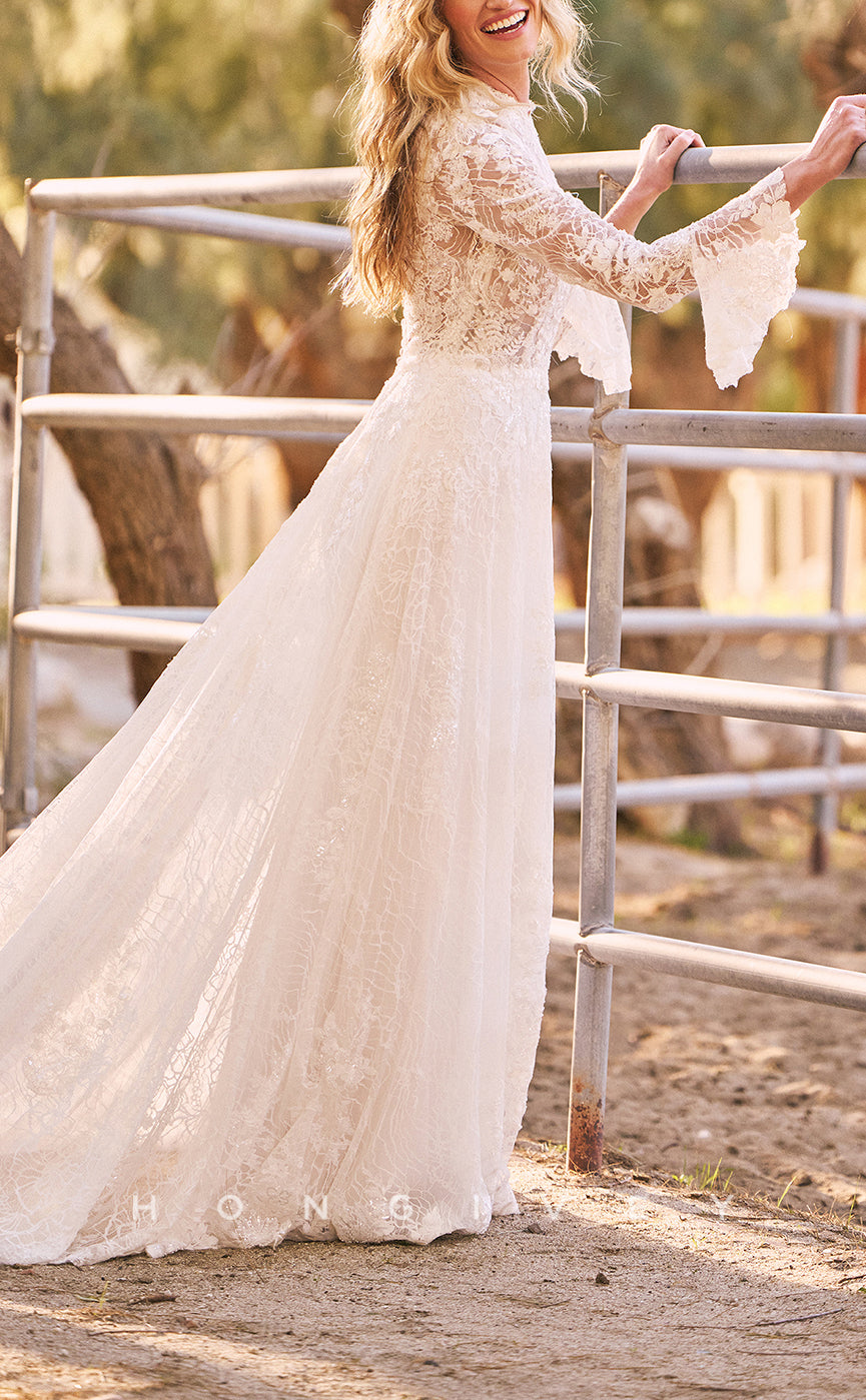 H1617 - Elegant Lace A-Line High Neck Empire Long Sleeve Appliques With Train Wedding Dress