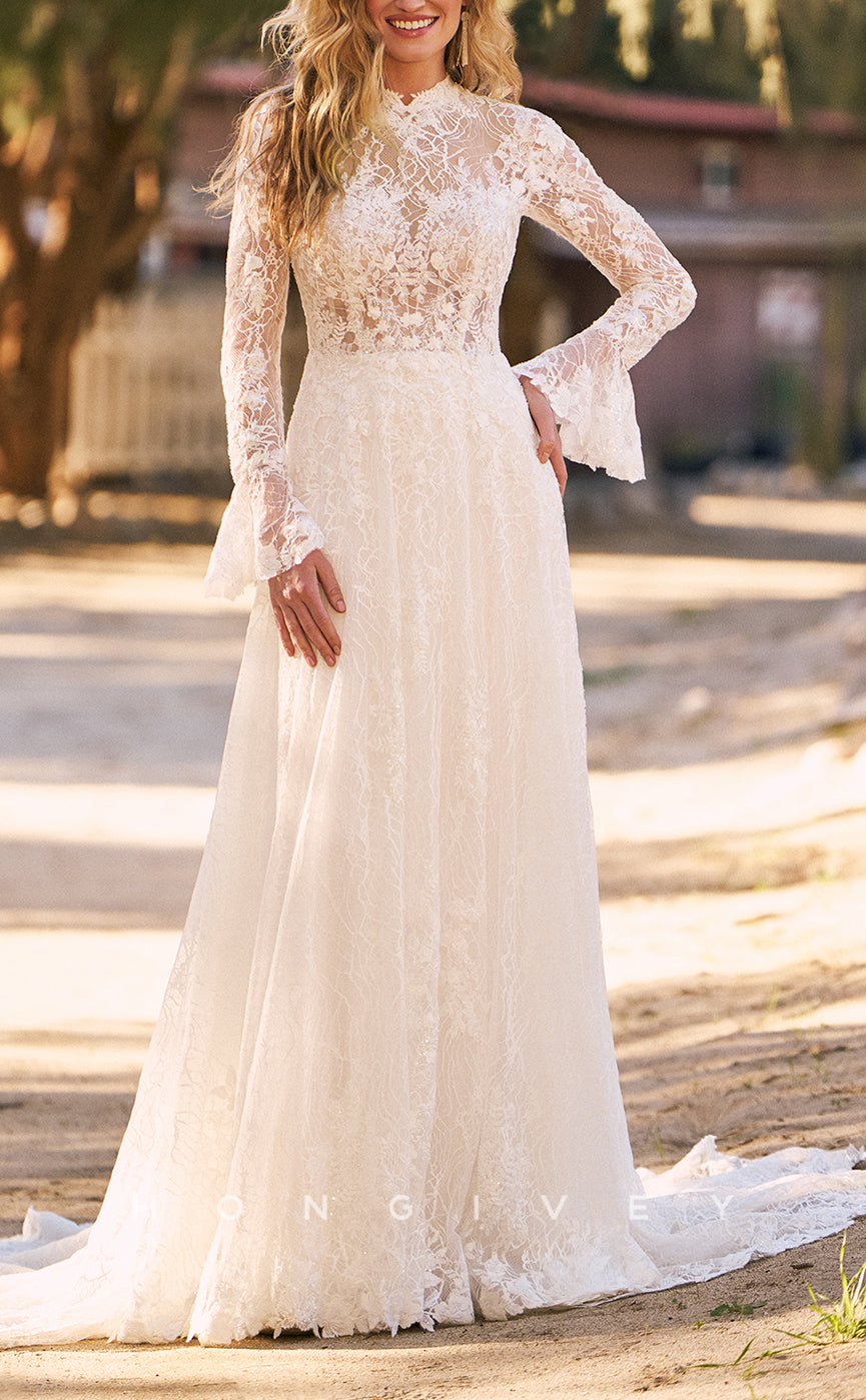 H1617 - Elegant Lace A-Line High Neck Empire Long Sleeve Appliques With Train Wedding Dress