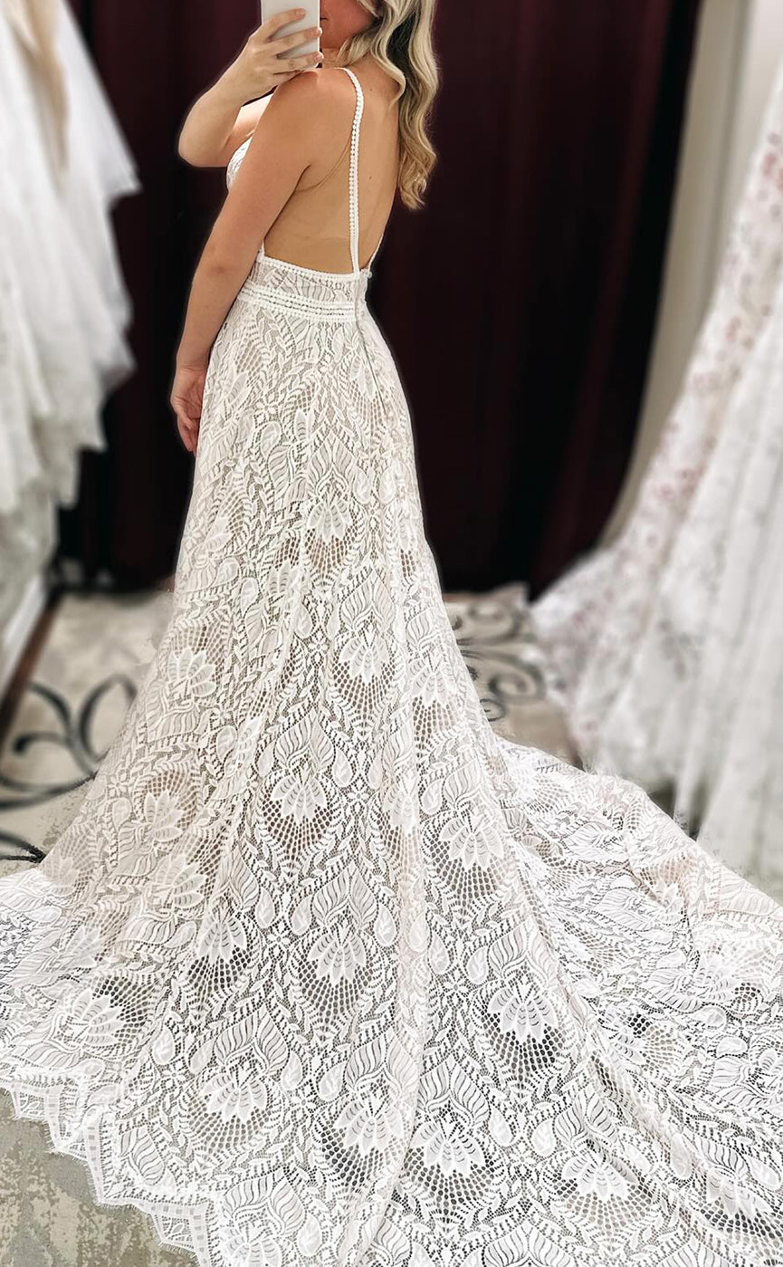 H1623 - Sexy Lace A-Line V-Neck Spaghetti Straps Illusion Empire Appliques With Train Wedding Dress