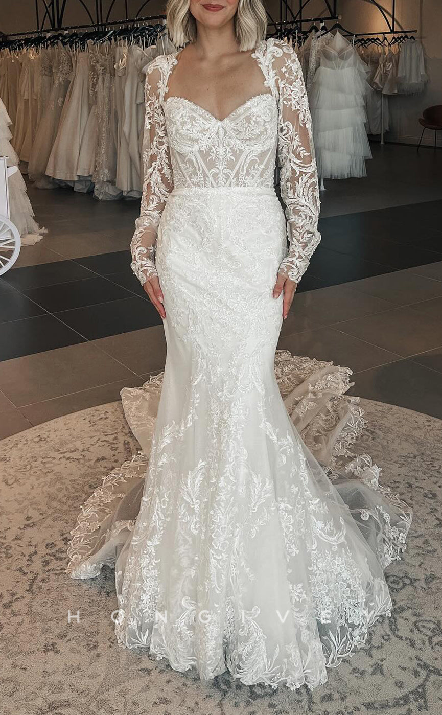 H1629 - Classic Trumpet Sweetheart Long Sleeve Illusion Empire Lace Applique With Train Wedding Dress