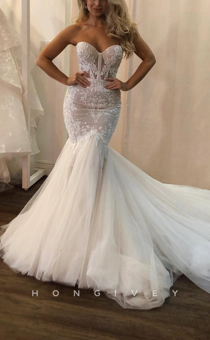 H1634 - Sexy Two Tone Trumpet Sweetheart Strapless Empire Lace Applique With Tulle Train Wedding Dress