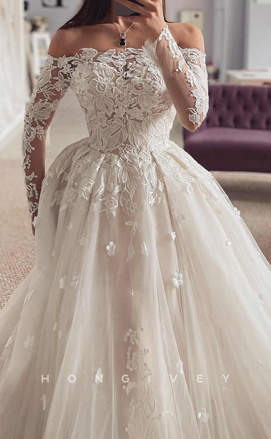 H1635 - Sexy Tulle A-Line Off-Shoulder Long Sleeve Empire Lace Applique With Train Wedding Dress