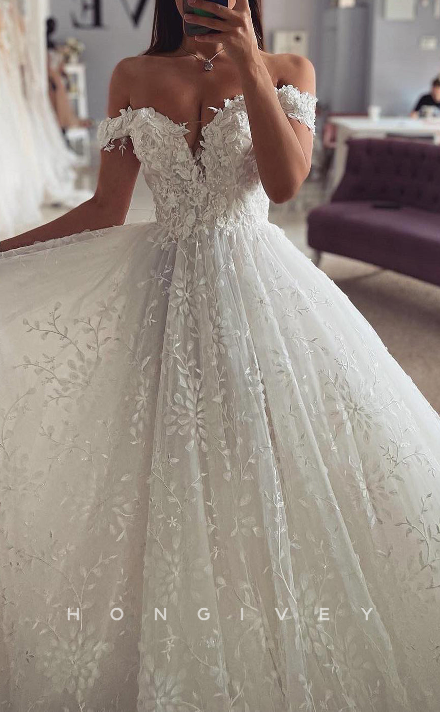 H1636 - Ornate Lace A-Line Sweetheart Off-Shoulder Empire Appliques With Train Wedding Dress