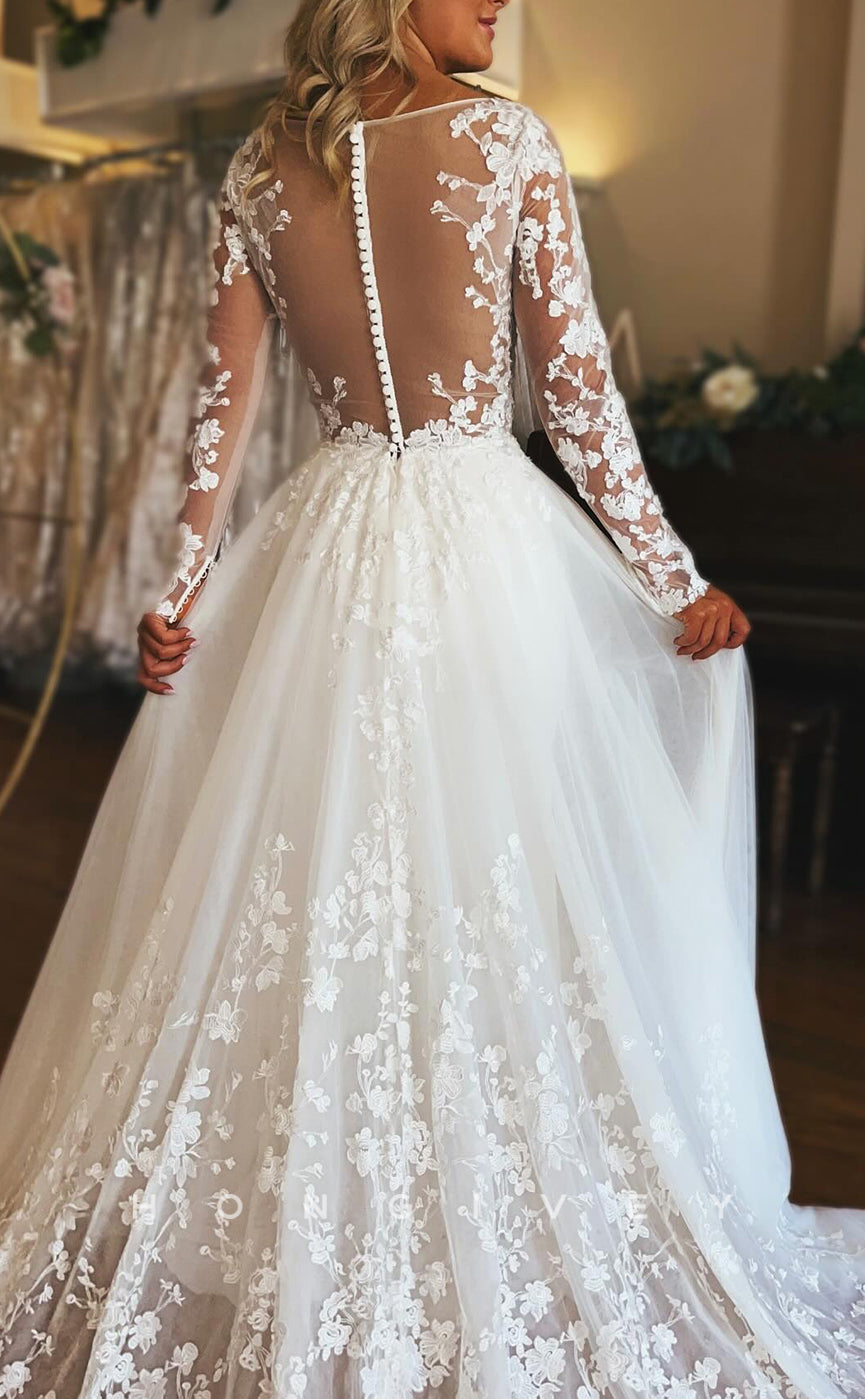 H1638 - Chic Tulle A-Line V-Neck Long Sleeve Illusion Empire Lace Applique With Tulle Train Wedding Dress