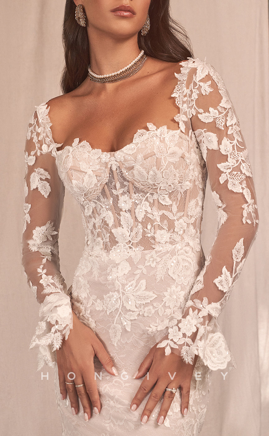 H1642 - Lace Trumpet Sweetheart Long Sleeve Empire Appliques With Train Wedding Dress