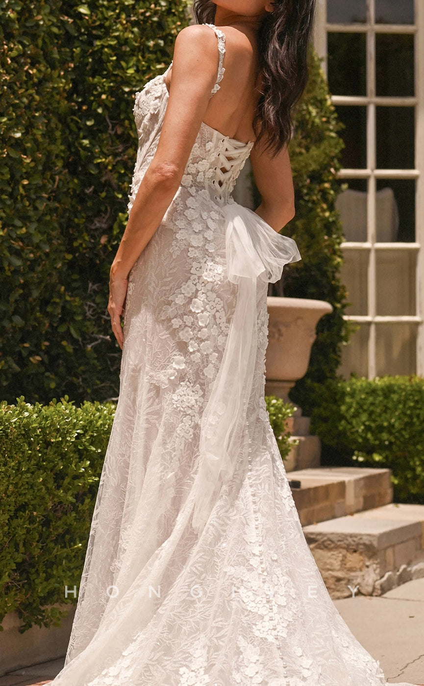 H1644 - Sexy Trumpet Lace Sweetheart Spaghetti Straps Empire Floral Appliqued With Train Wedding Dress