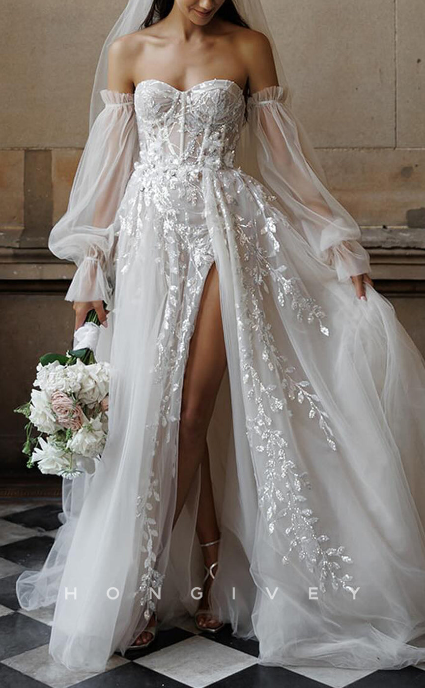 H1645 - Couture Tulle A-Line Sweetheart Long Sleeve Empire Lace Applique With Side Slit Train Wedding Dress