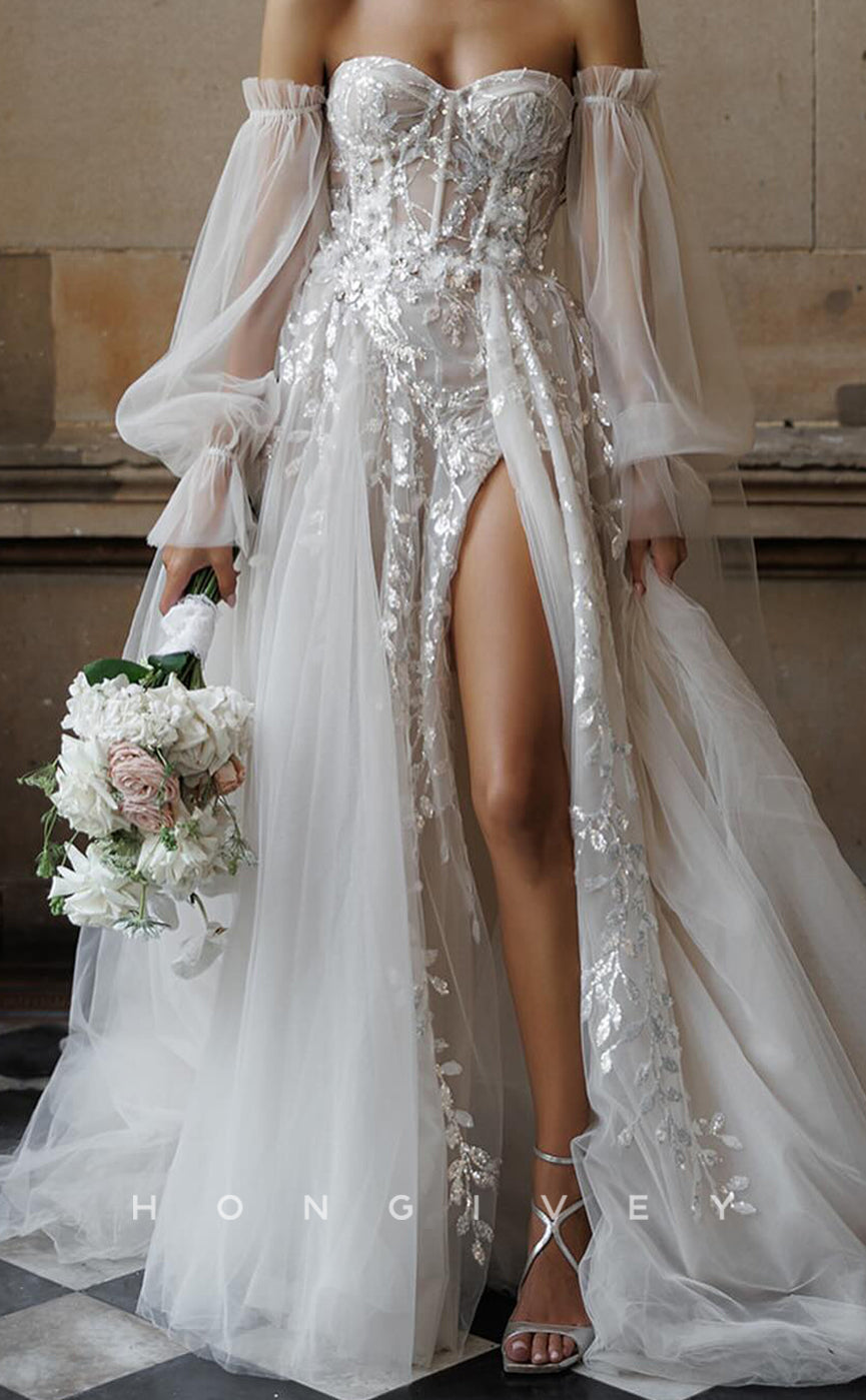 H1645 - Couture Tulle A-Line Sweetheart Long Sleeve Empire Lace Applique With Side Slit Train Wedding Dress