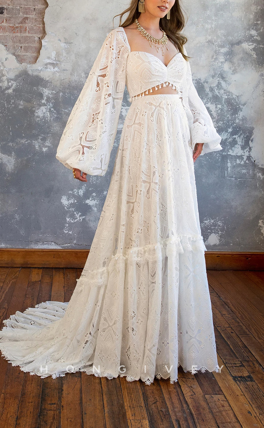 H1646 - Simple Satin A-line Sweetheart Long Sleeve Illusion Empire Appliques With Train Boho Wedding Dress