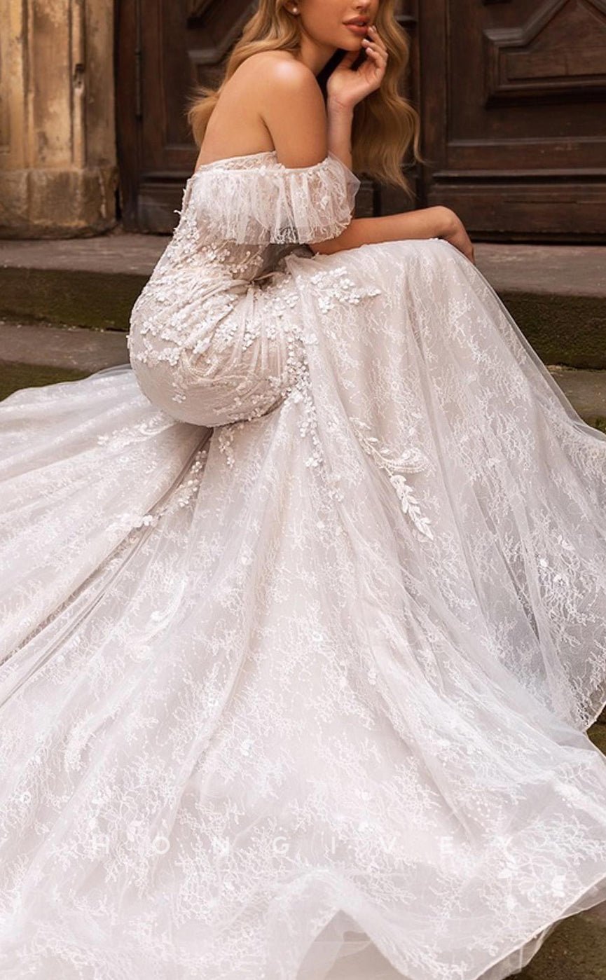 H1648 - Sexy Tulle Trumpet Sweetheart Off-Shoulder Empire Lace Applique With Tulle Train Wedding Dress