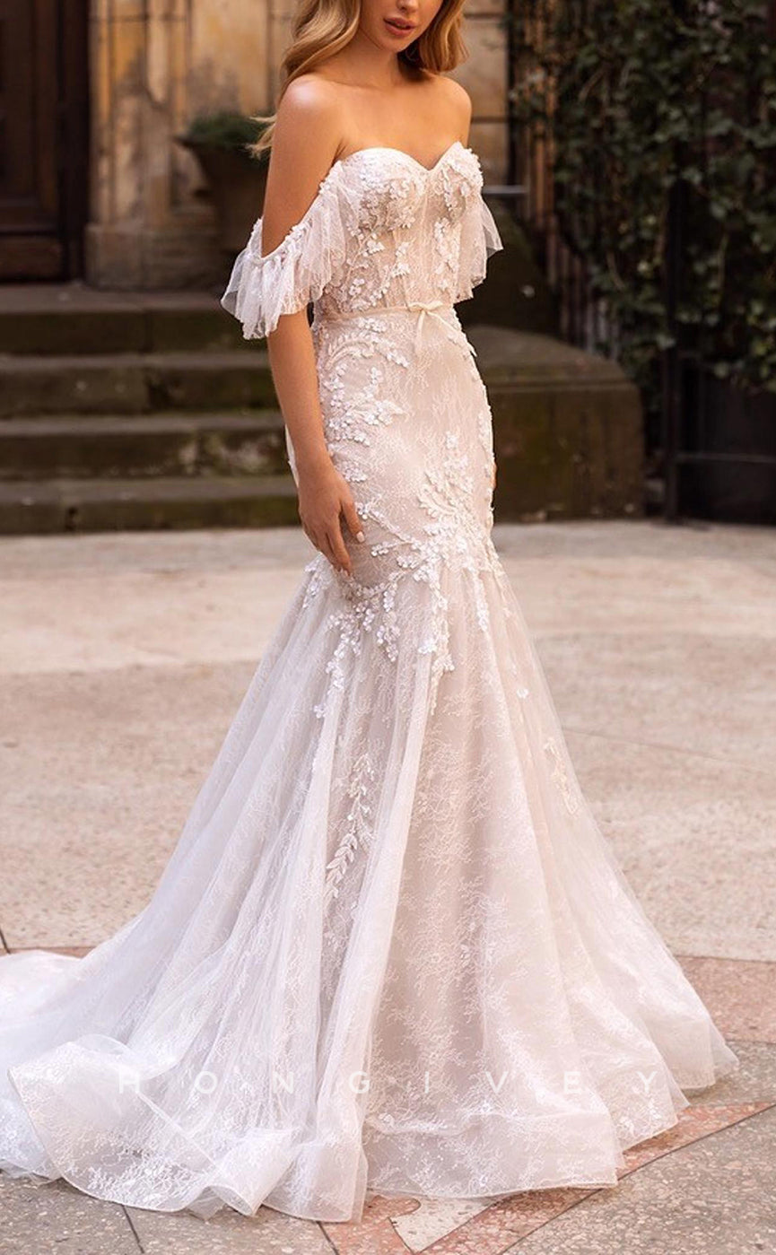 H1648 - Sexy Tulle Trumpet Sweetheart Off-Shoulder Empire Lace Applique With Tulle Train Wedding Dress