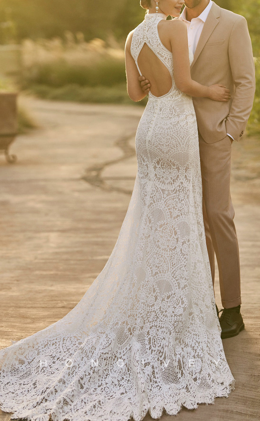 H1653 - High Neck Sleeveless Empire Lace Applique Sexy Trumpet With Train Boho Wedding Dress