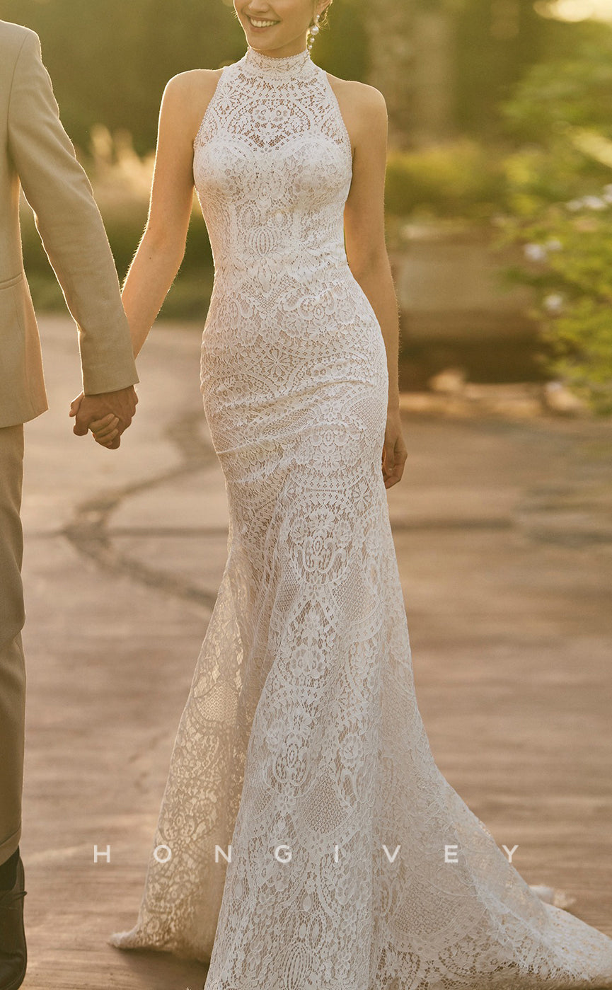 H1653 - High Neck Sleeveless Empire Lace Applique Sexy Trumpet With Train Boho Wedding Dress