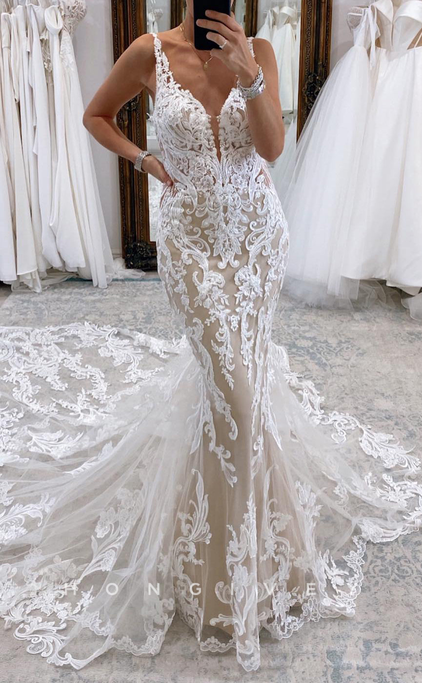 H1656 - Gorgeous V-Neck Spaghetti Straps Empire Lace Applique Trumpet With Train Boho Wedding Dress