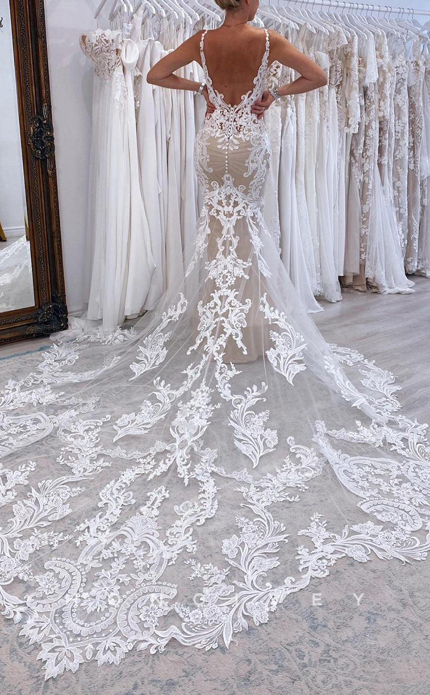 H1656 - Gorgeous V-Neck Spaghetti Straps Empire Lace Applique Trumpet With Train Boho Wedding Dress