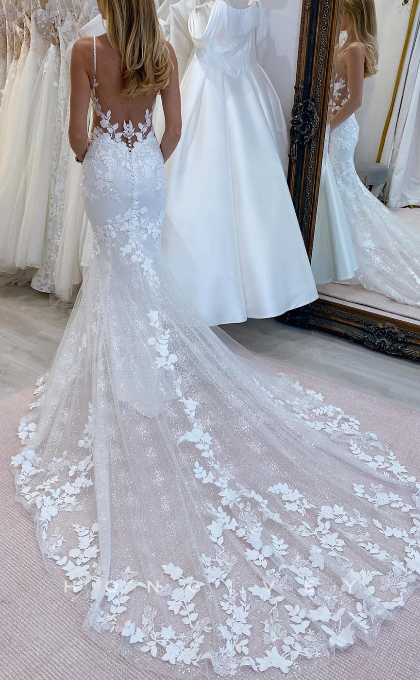 H1657 - V-Neck Spaghetti Straps Illusion Empire Lace Applique With Train Classic Wedding Dress