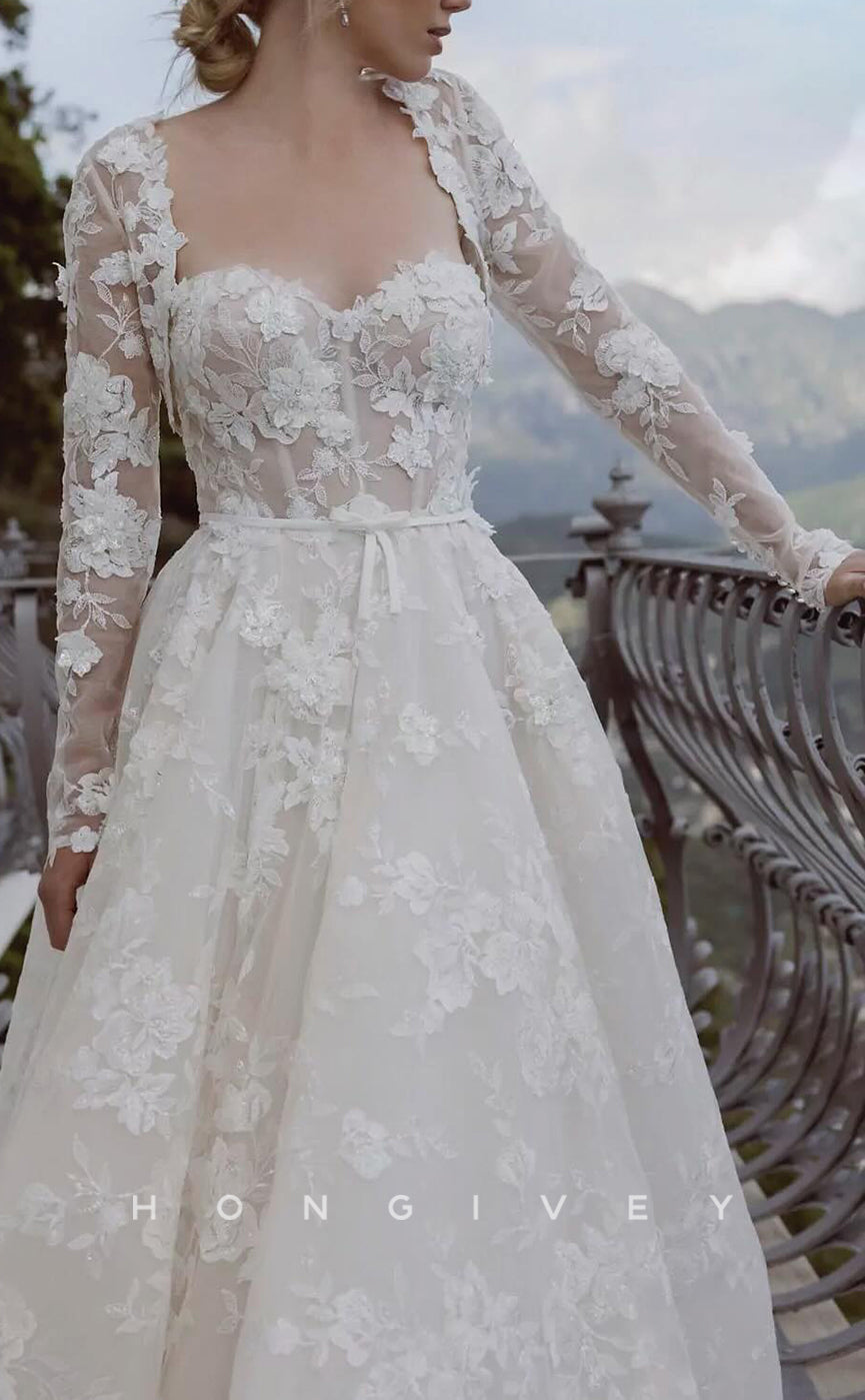 H1660 - Sweetheart Long Sleeve Empire Floral  Lace Applique With Train Sexy A-Line Wedding Dress