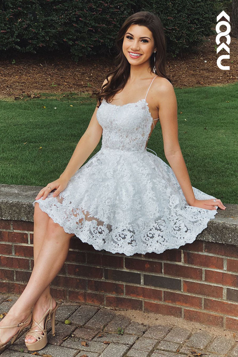 H5026 - Spaghetti Straps Lace Appliqued A-Line Mini Homecoming Dress